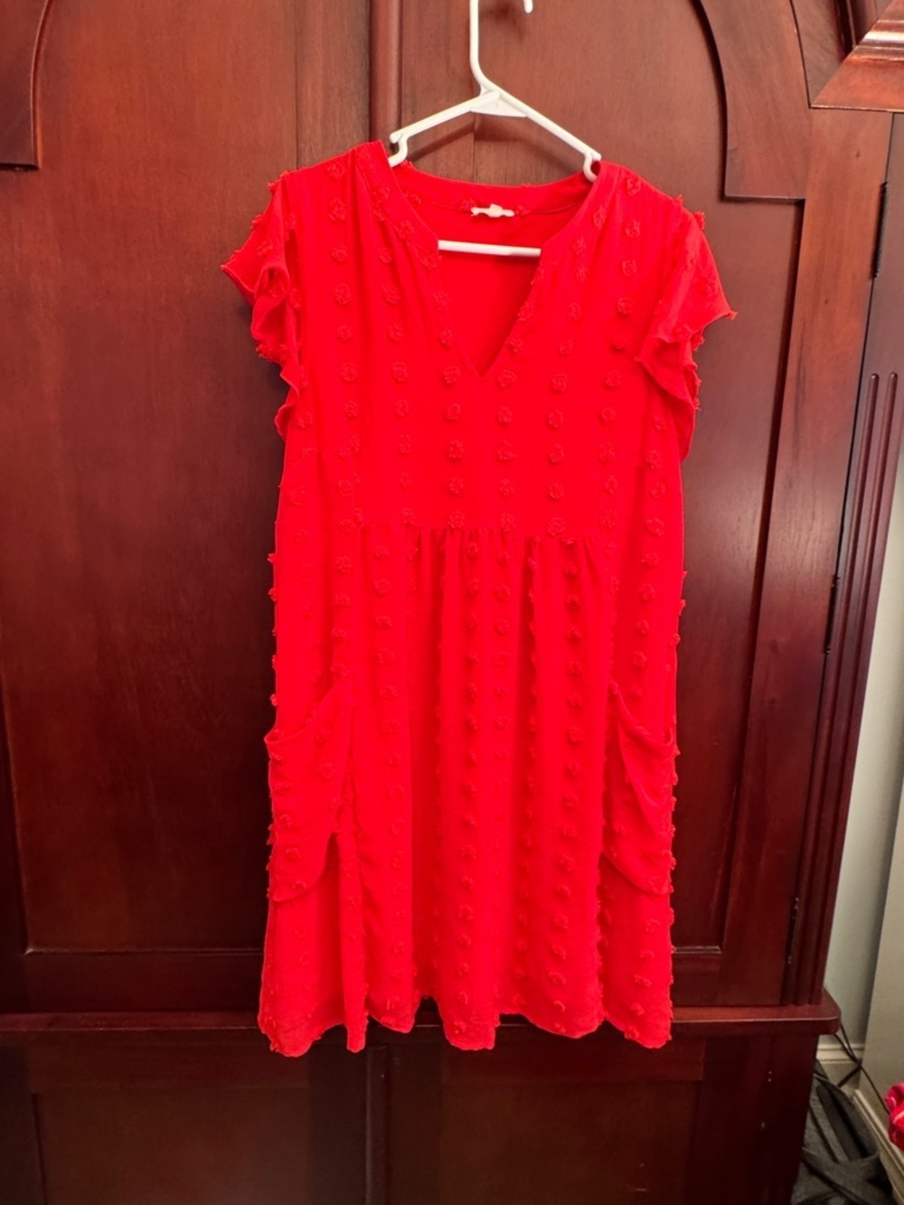 Jodifl Red Swiss Dot Flutter Sleeve Babydoll Mini Dress w/Pockets Size Medium